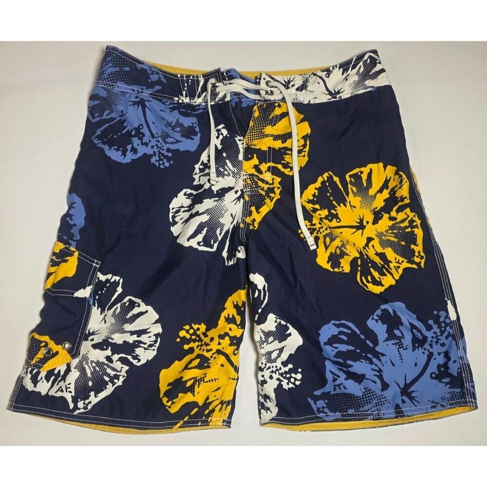 American Eagle Board Shorts Mens 32 Navy Blue Yellow Hibiscus Floral Swim Trunks